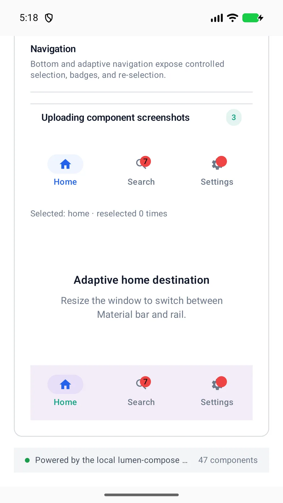 Adaptive navigation scaffold rendered in the Android phone emulator Lumen playground
