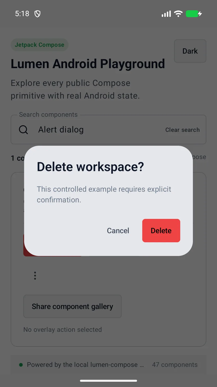 Alert dialog rendered in the Android phone emulator Lumen playground