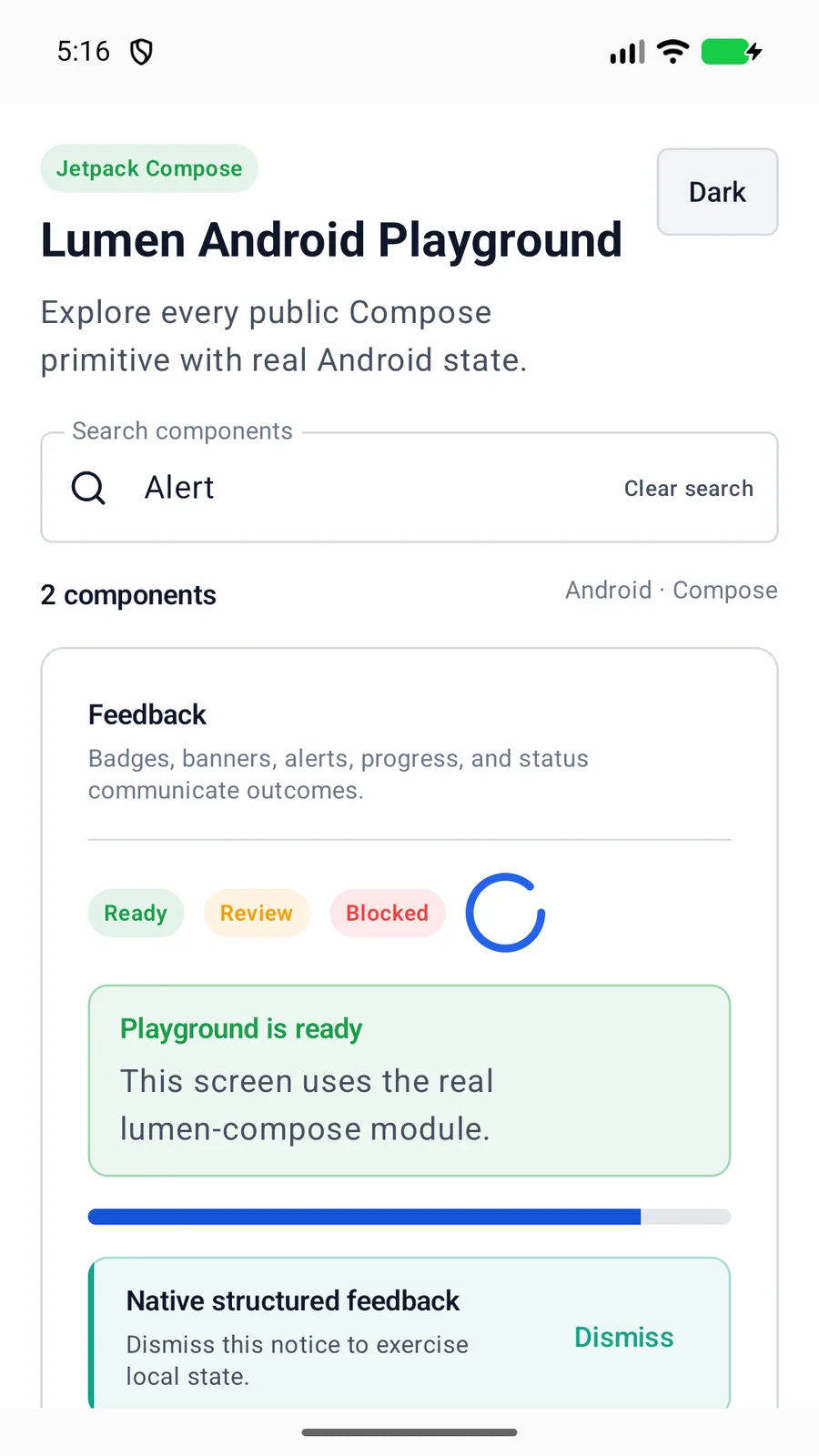 Alert rendered in the Android phone emulator Lumen playground