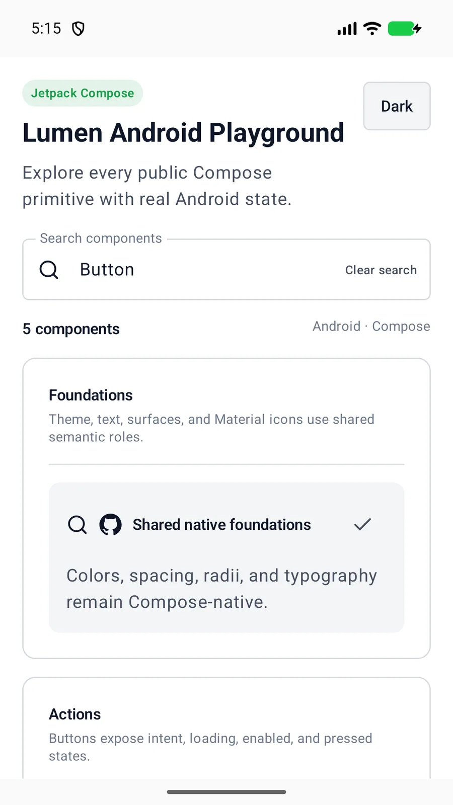 Button rendered in the Android phone emulator Lumen playground