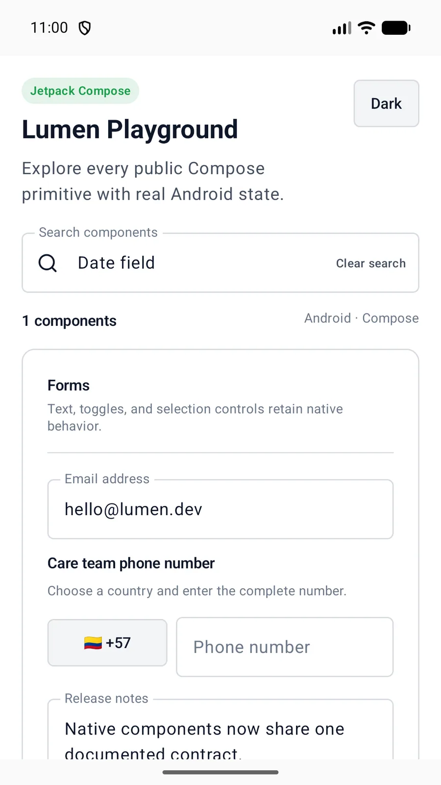 Date field rendered in the Android phone emulator Lumen playground