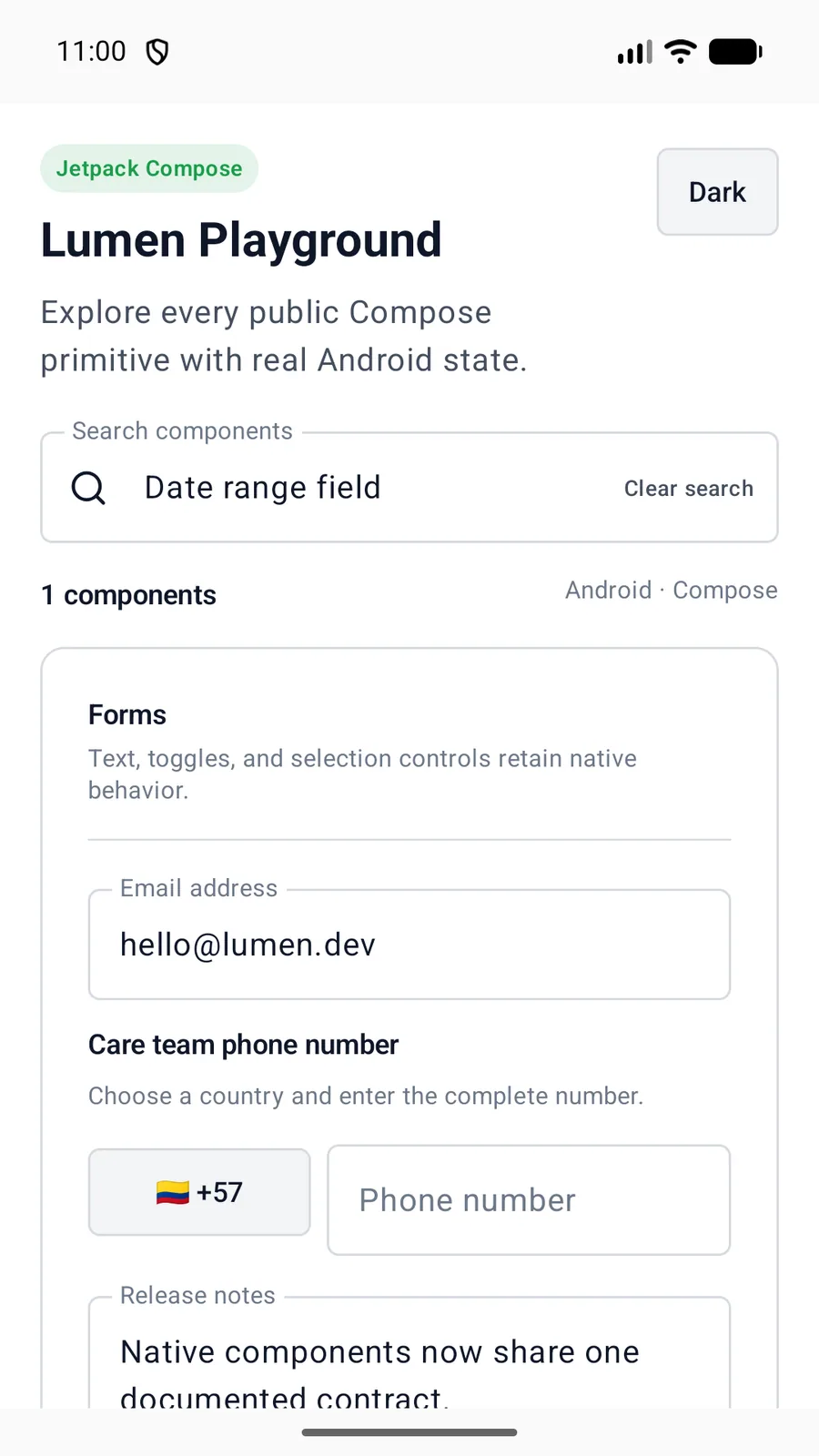 Date range field rendered in the Android phone emulator Lumen playground