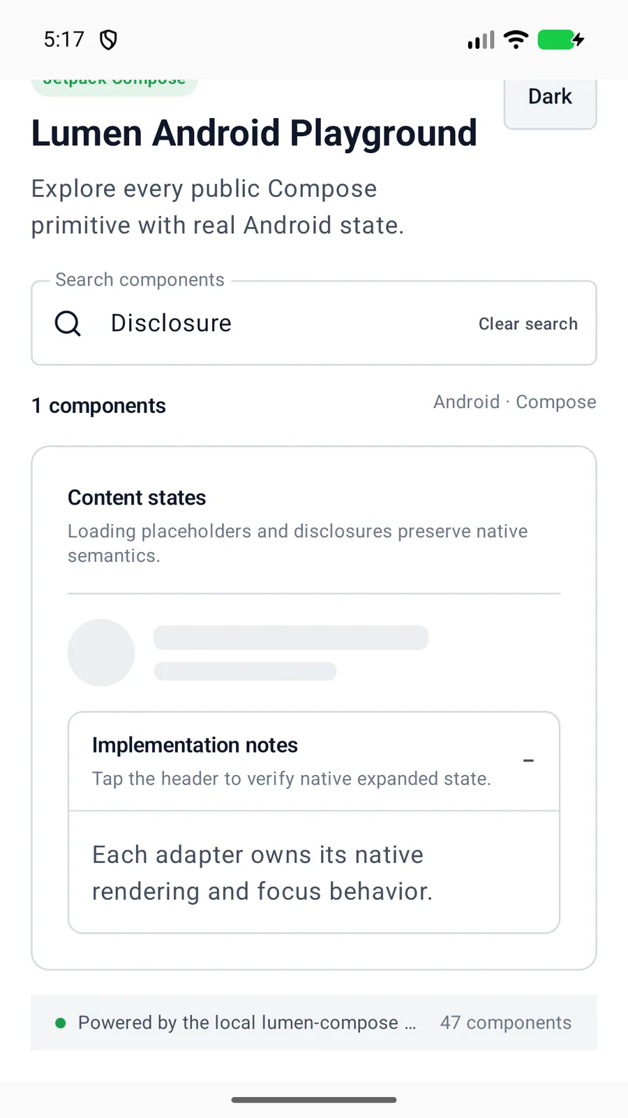 Disclosure rendered in the Android phone emulator Lumen playground