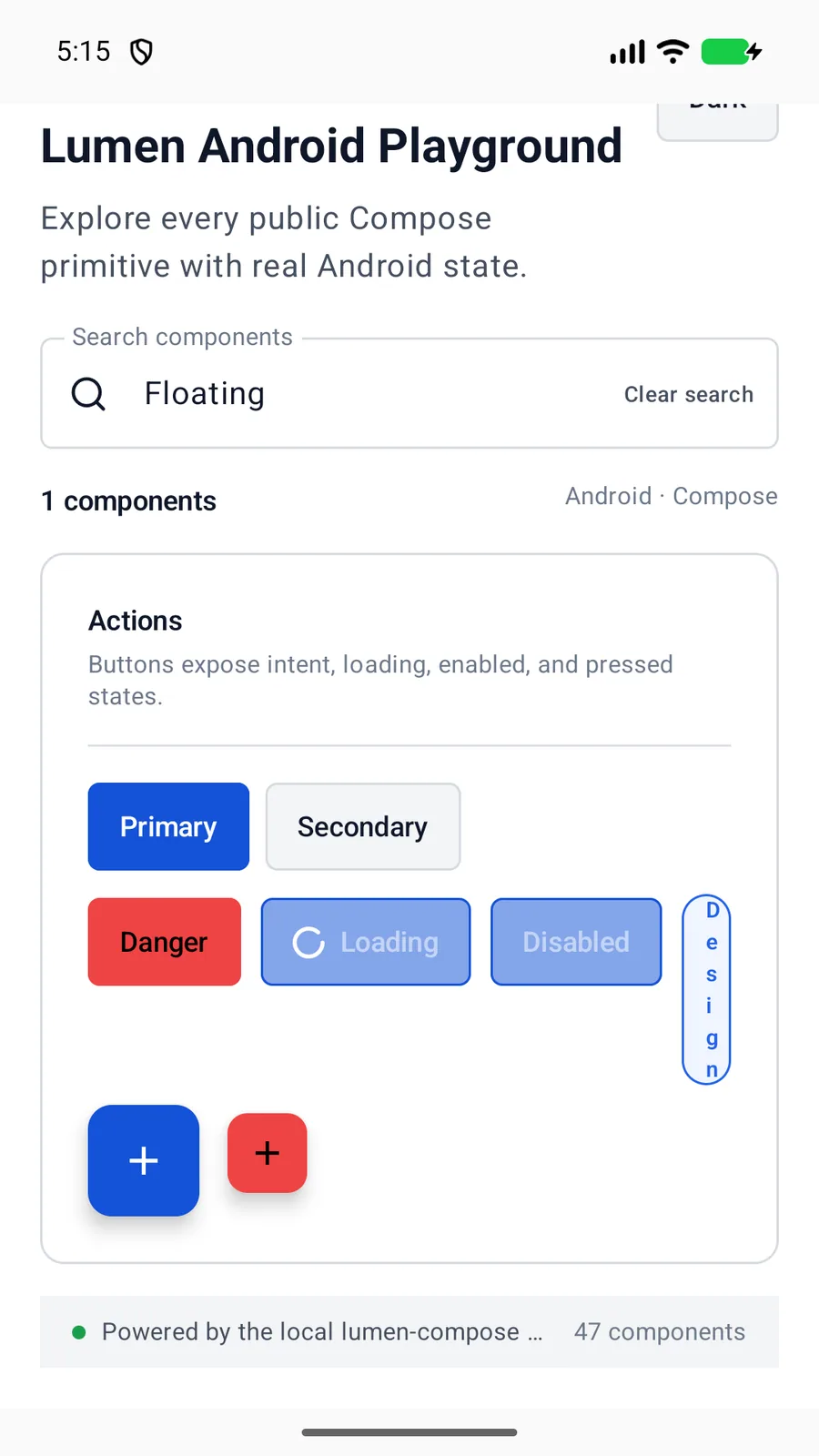Floating action button rendered in the Android phone emulator Lumen playground