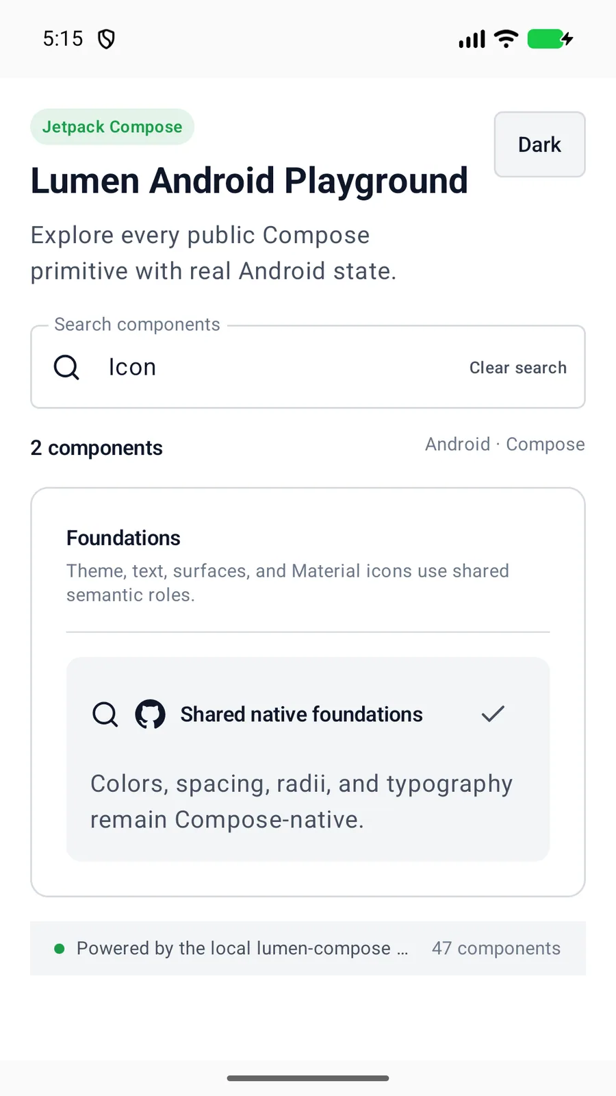 Icon button rendered in the Android phone emulator Lumen playground