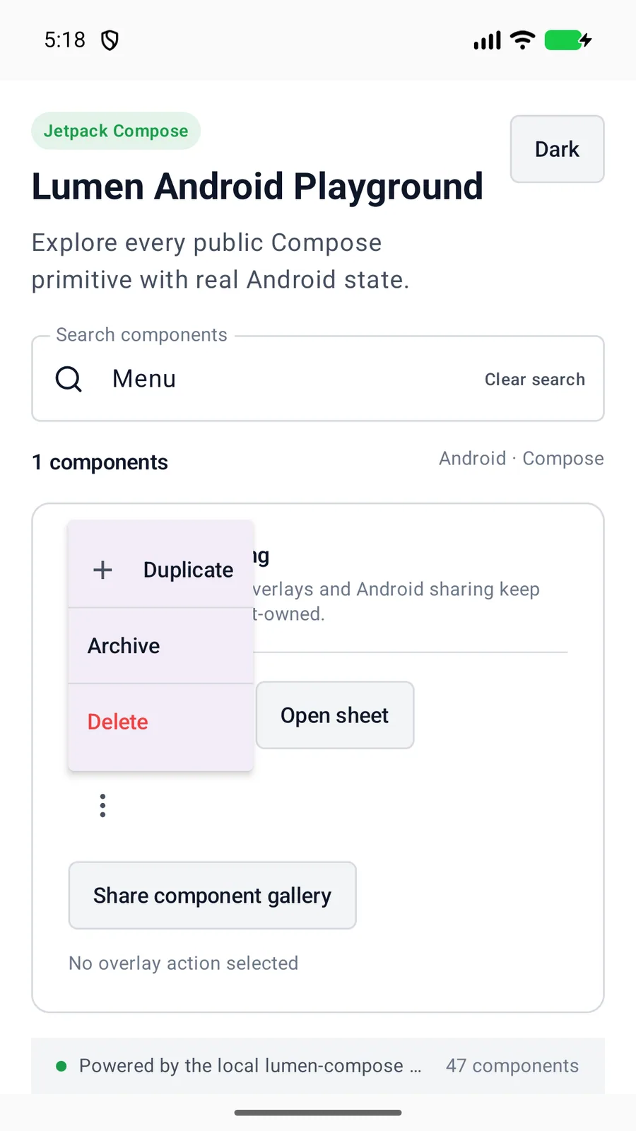 Menu rendered in the Android phone emulator Lumen playground
