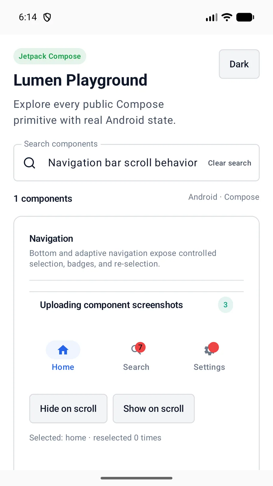 Navigation bar scroll behavior rendered in the Android phone emulator Lumen playground