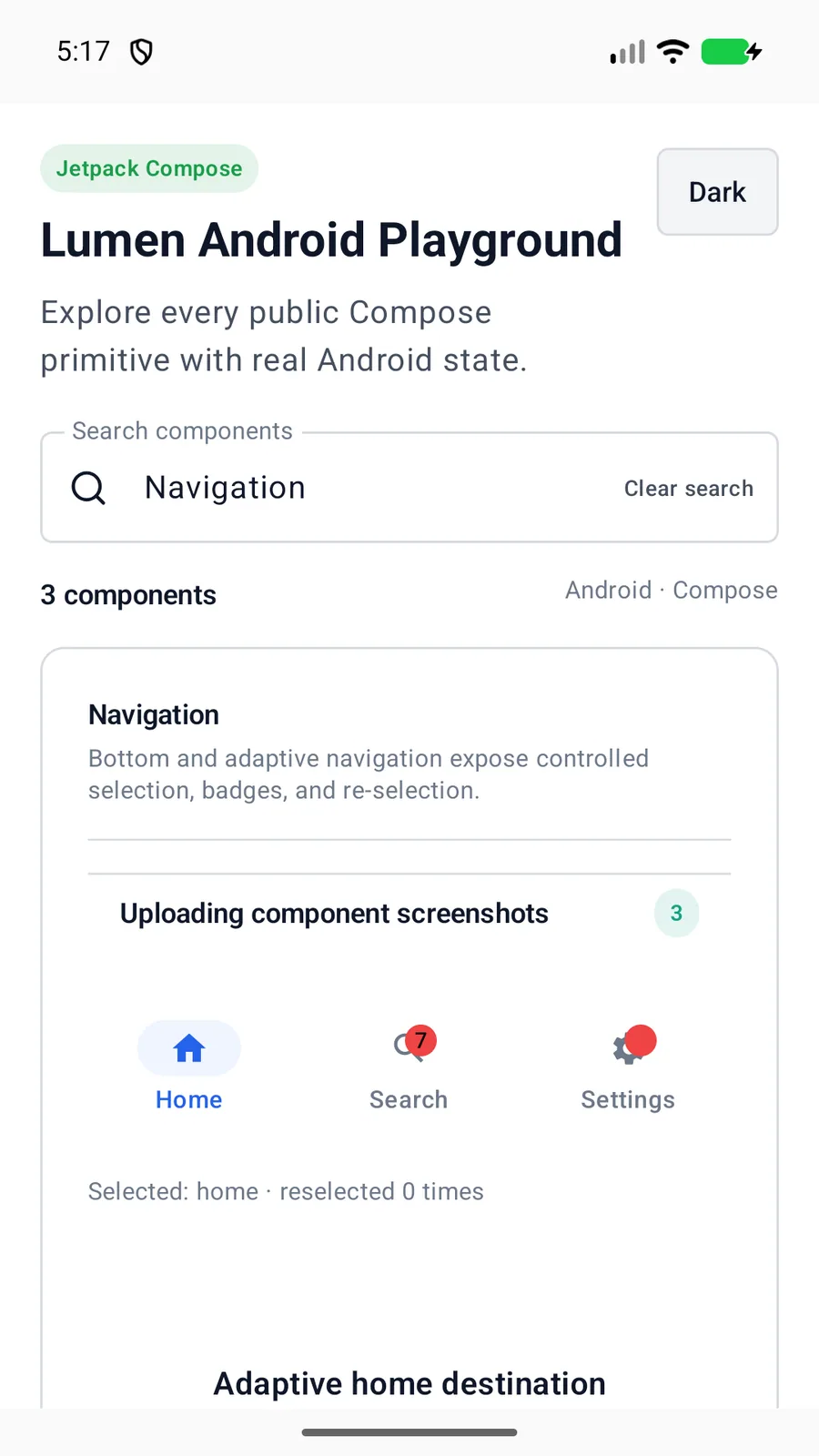 Navigation bar rendered in the Android phone emulator Lumen playground