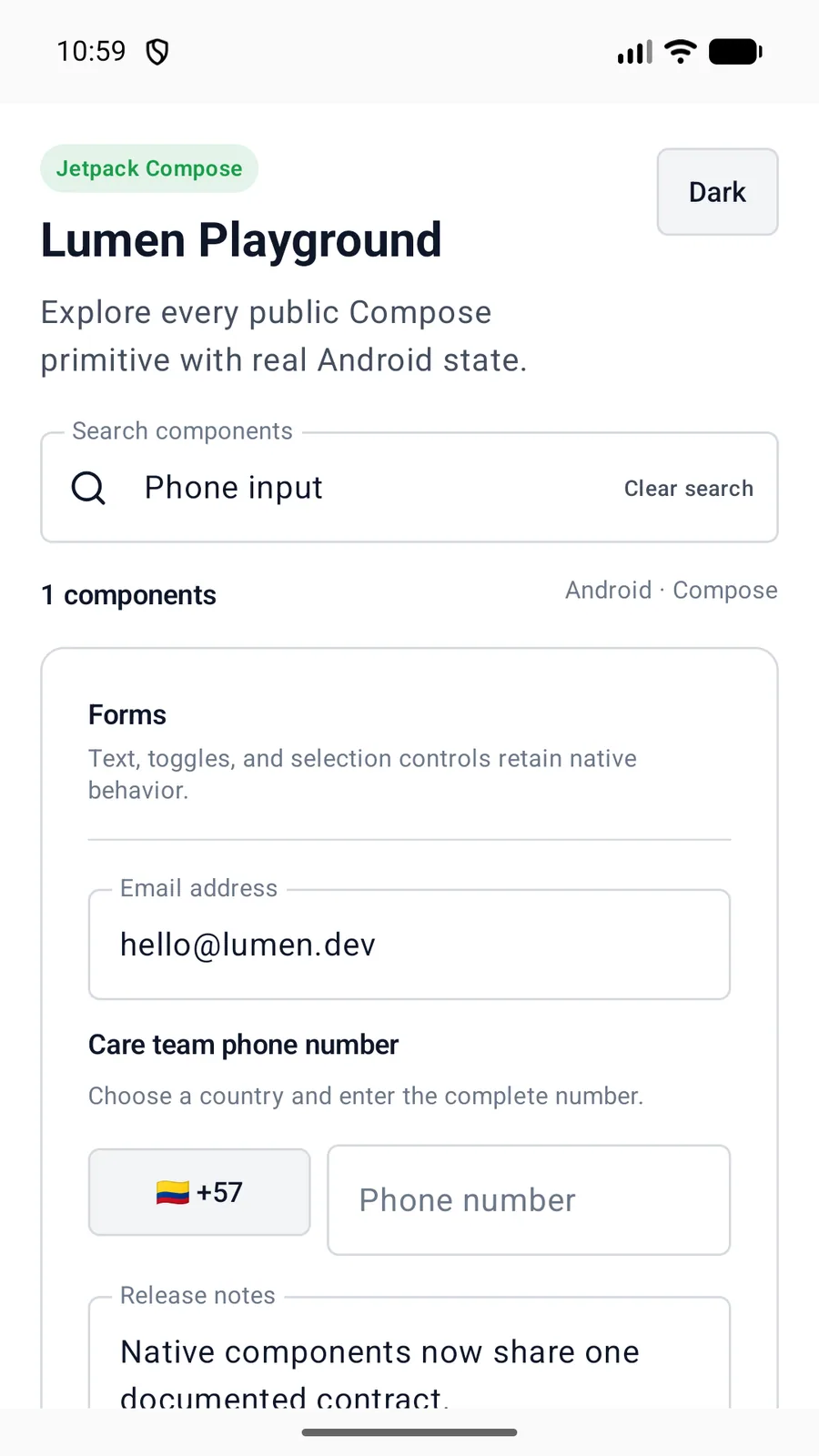 Phone input rendered in the Android phone emulator Lumen playground