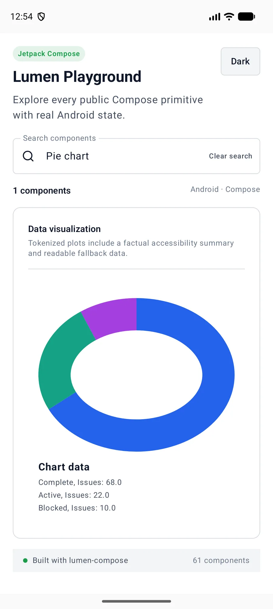 Pie chart rendered in the Android phone emulator Lumen playground