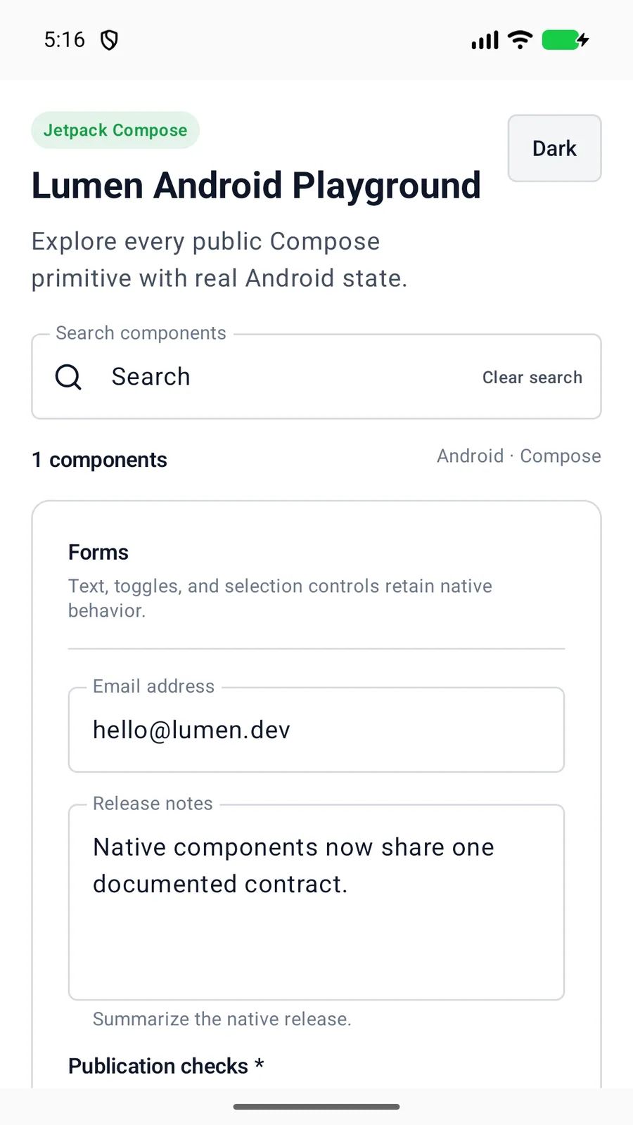 Search field rendered in the Android phone emulator Lumen playground