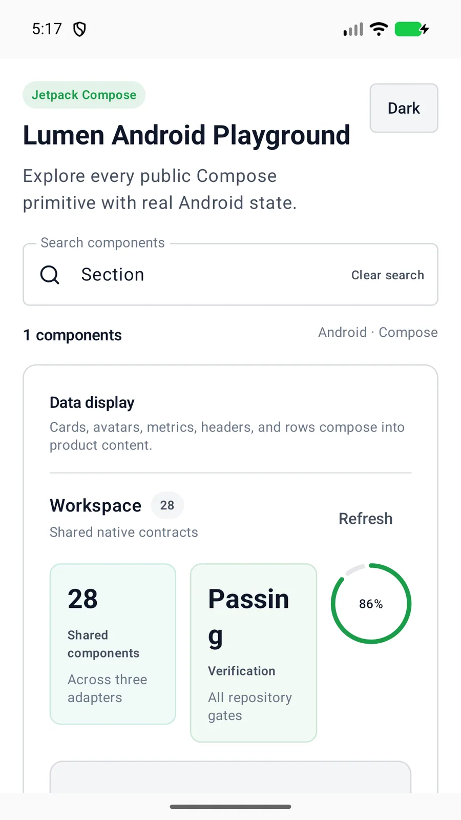 Section header rendered in the Android phone emulator Lumen playground