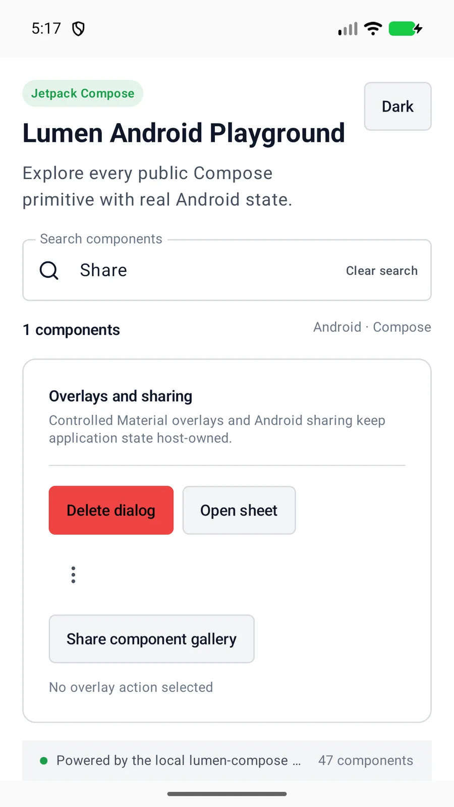 Share button rendered in the Android phone emulator Lumen playground