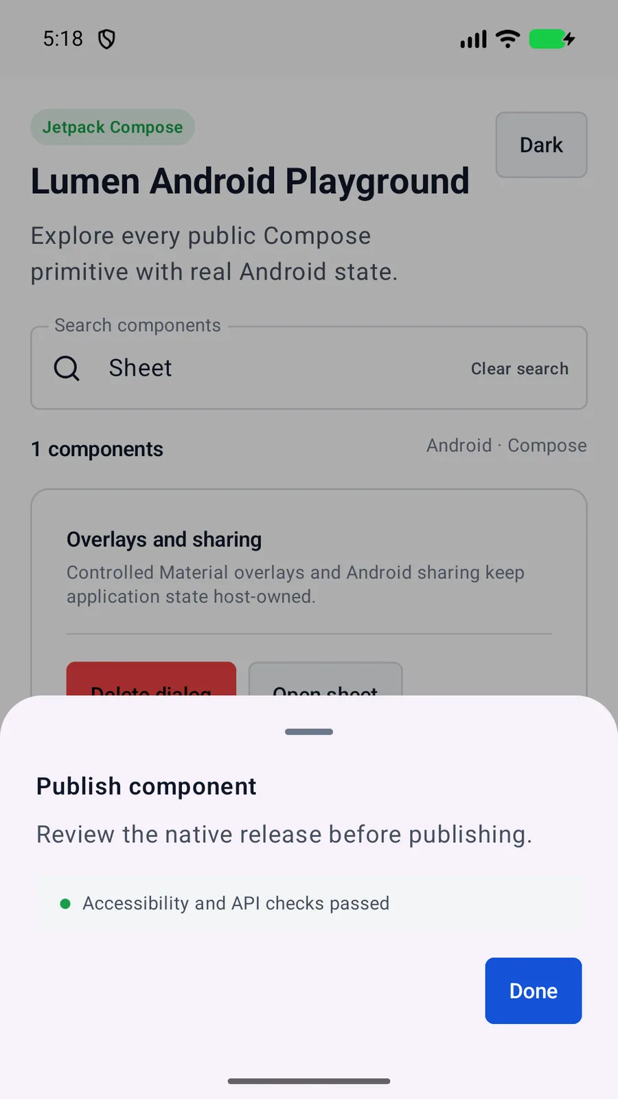 Sheet rendered in the Android phone emulator Lumen playground