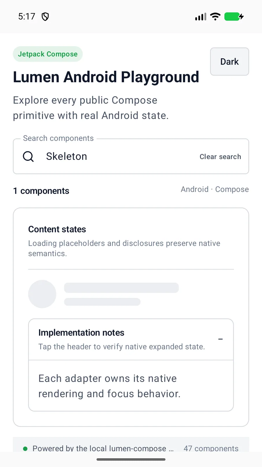 Skeleton rendered in the Android phone emulator Lumen playground