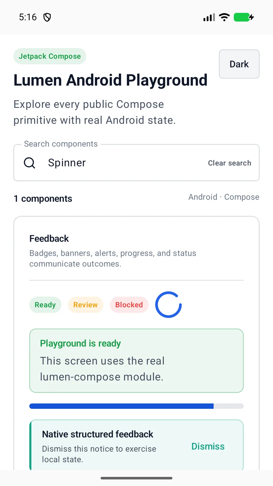 Spinner rendered in the Android phone emulator Lumen playground