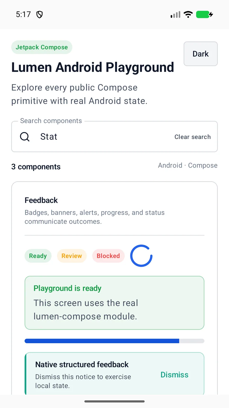 Stat rendered in the Android phone emulator Lumen playground
