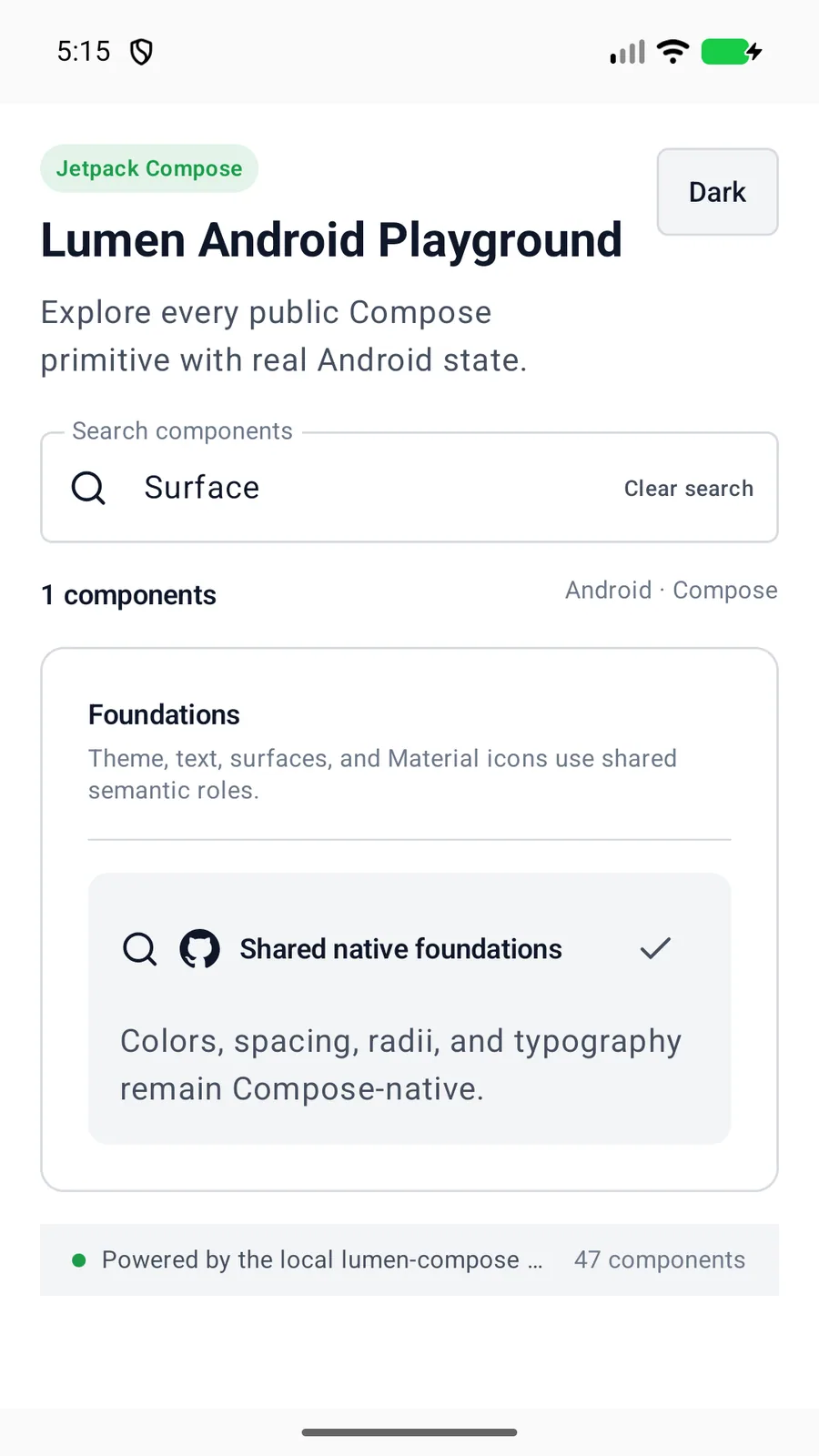 Surface rendered in the Android phone emulator Lumen playground
