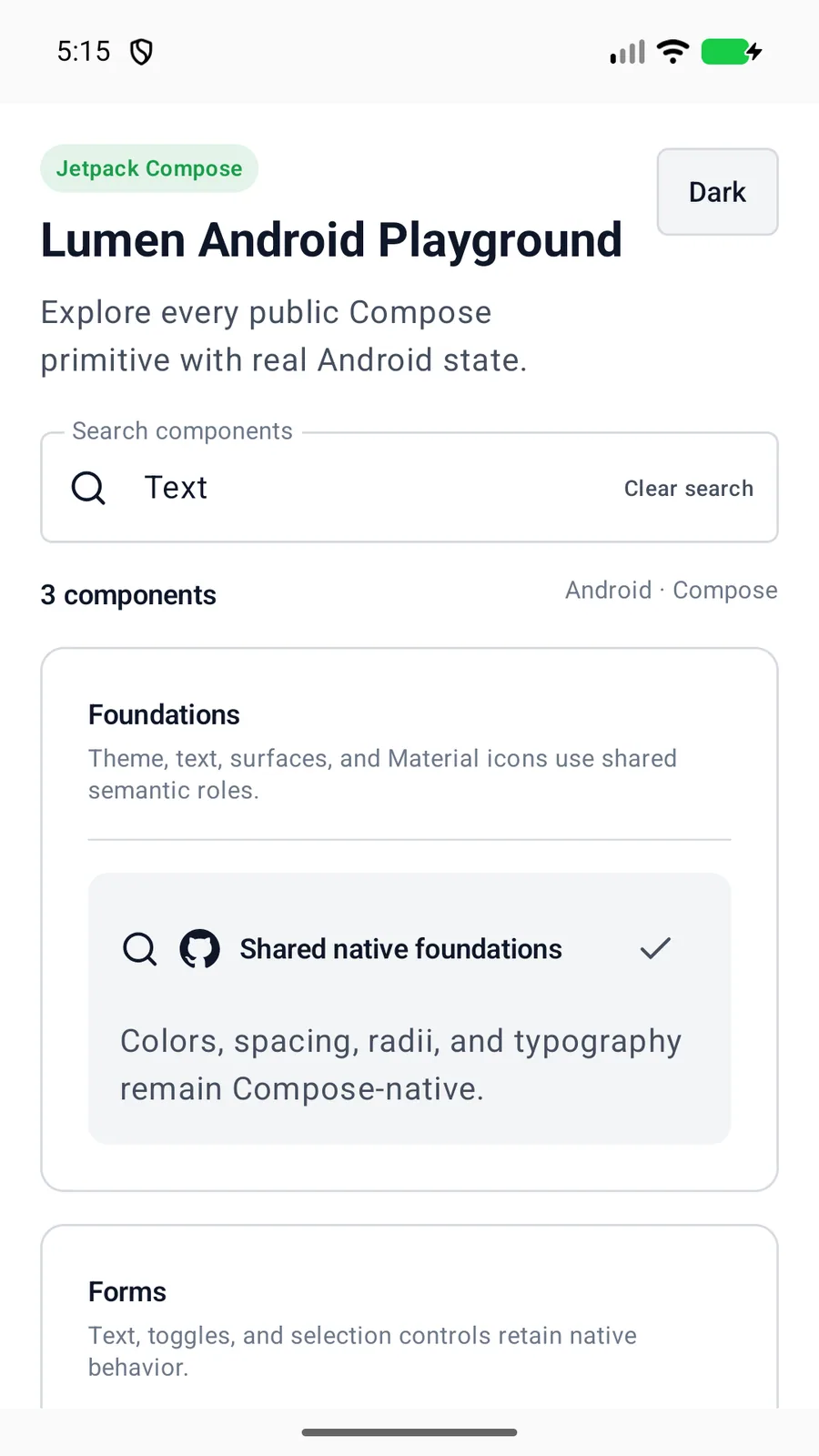 Text rendered in the Android phone emulator Lumen playground