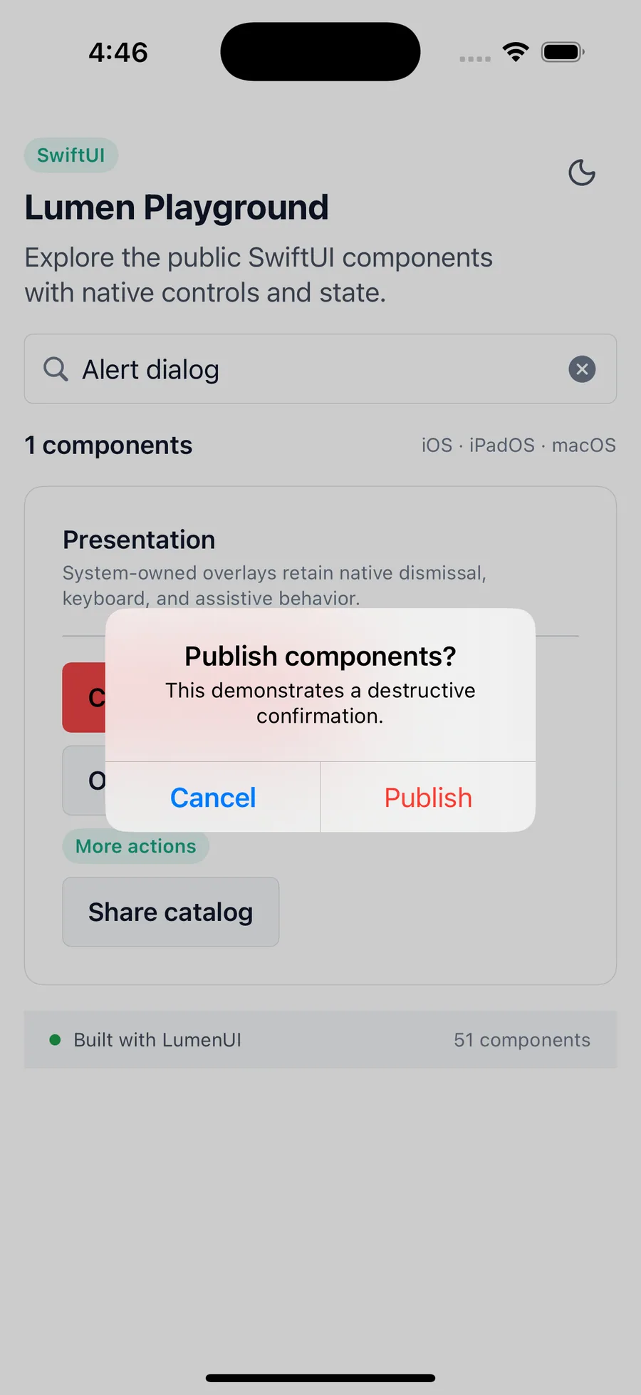 Alert dialog rendered in the iPhone simulator Lumen playground