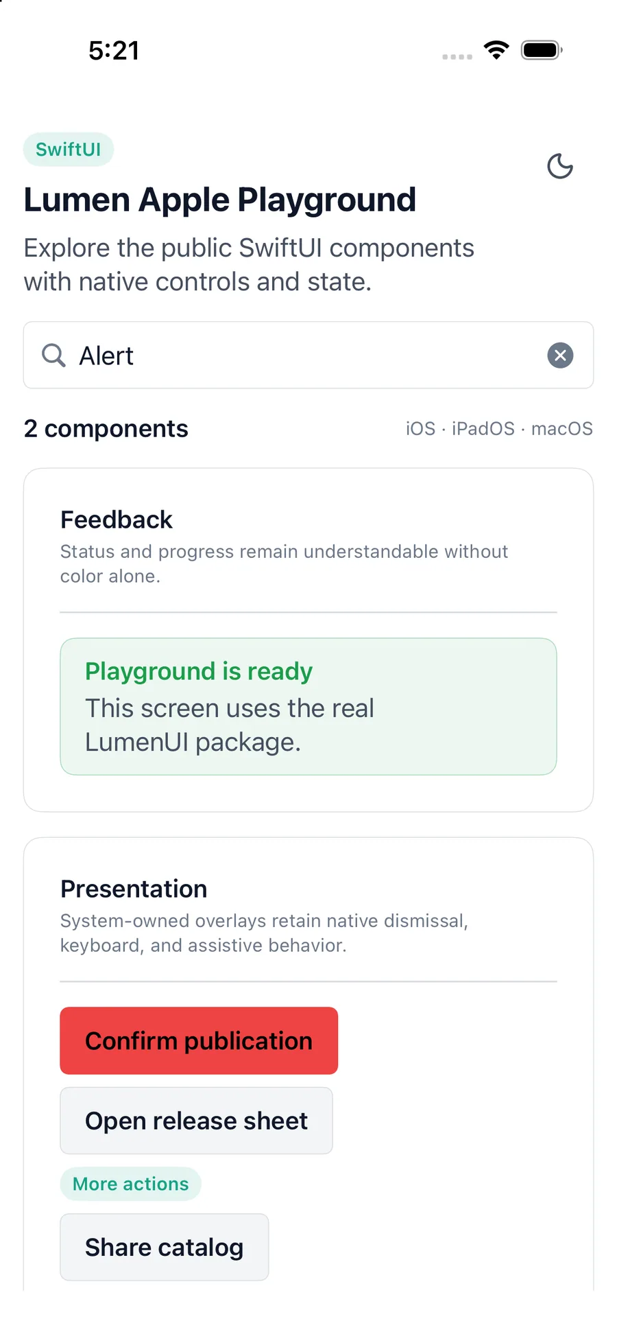 Alert rendered in the iPhone simulator Lumen playground