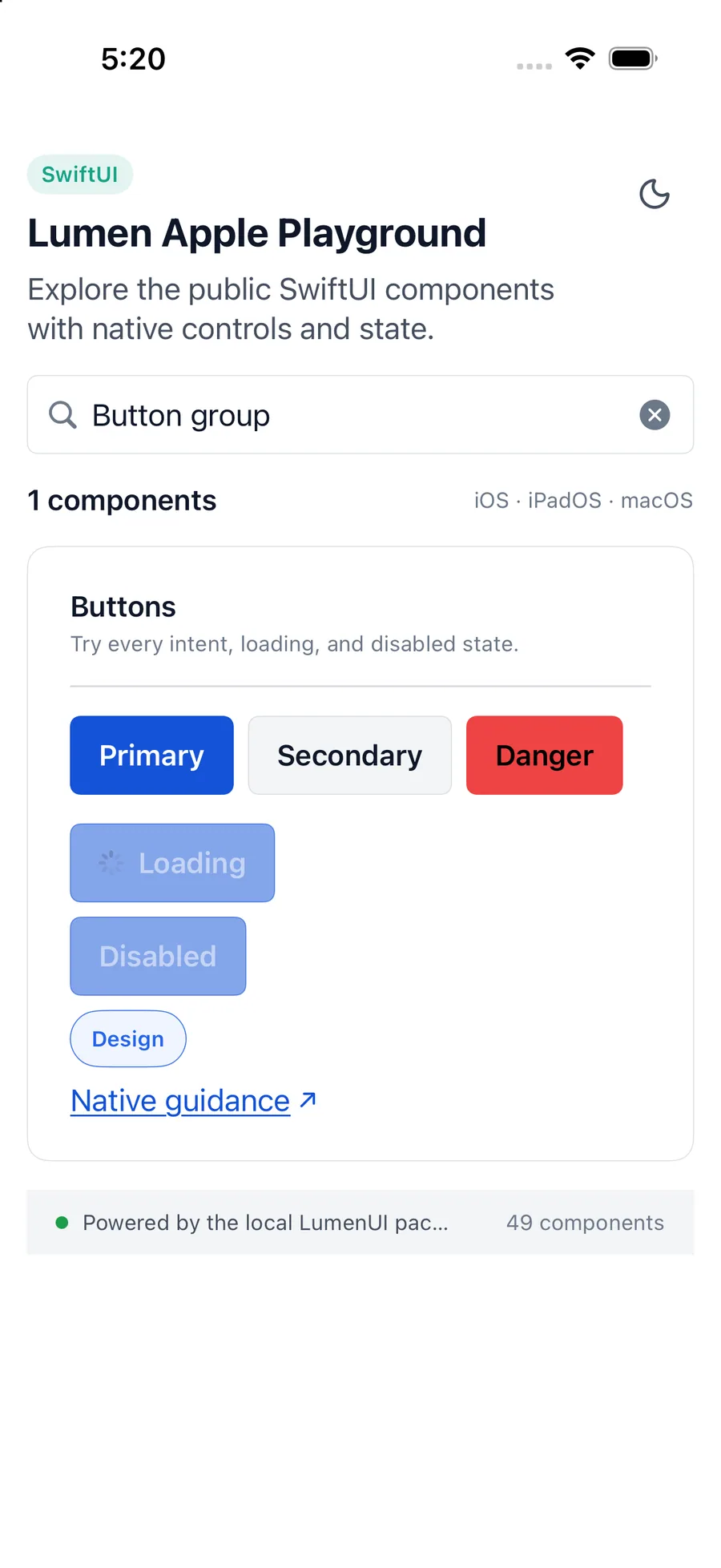 Button group rendered in the iPhone simulator Lumen playground