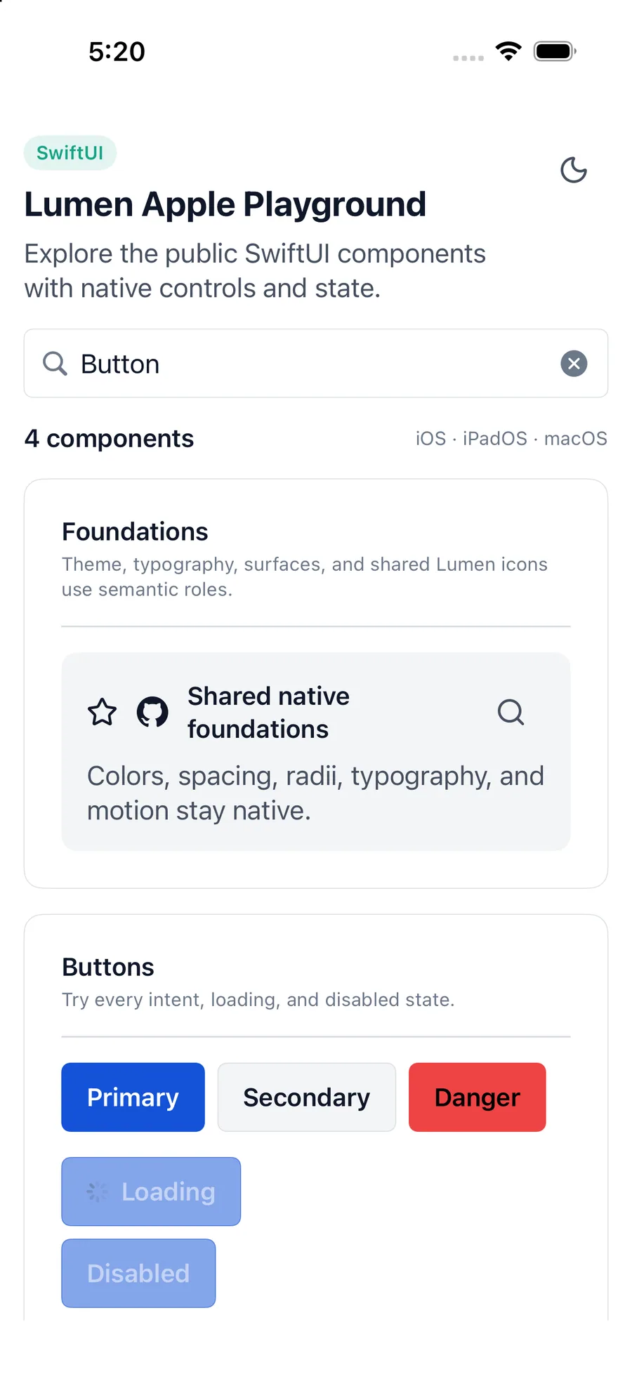 Button rendered in the iPhone simulator Lumen playground