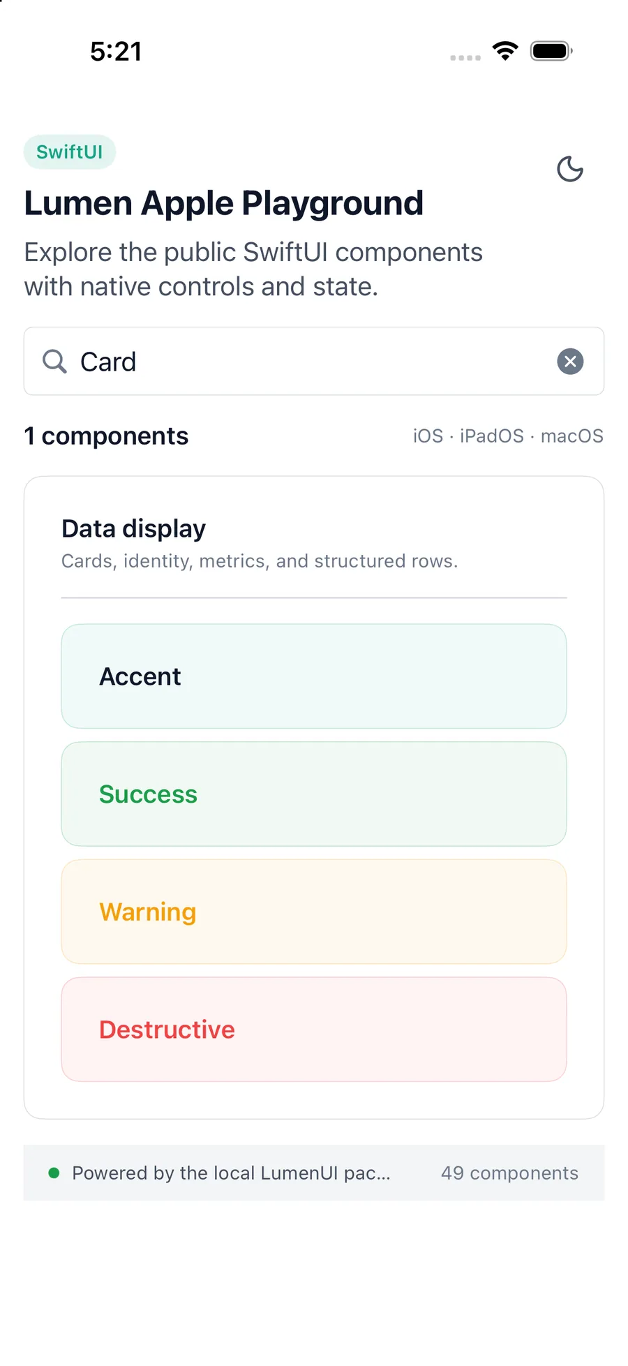 Card rendered in the iPhone simulator Lumen playground