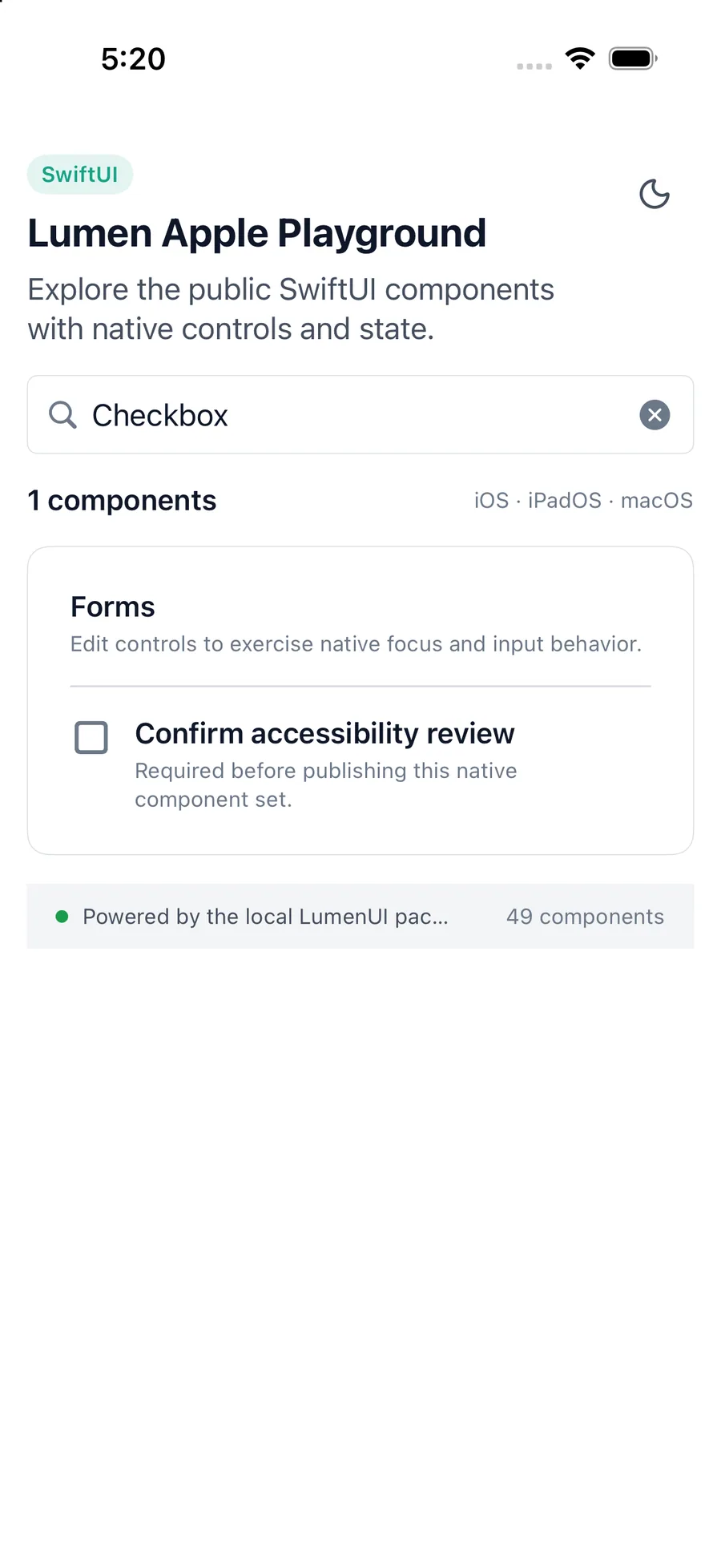 Checkbox rendered in the iPhone simulator Lumen playground