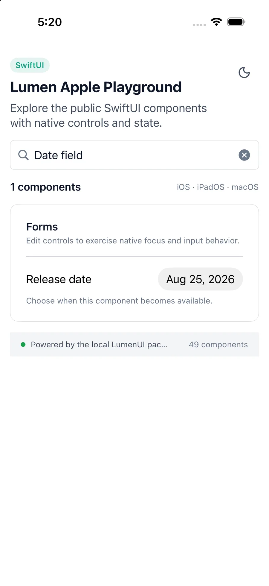 Date field rendered in the iPhone simulator Lumen playground