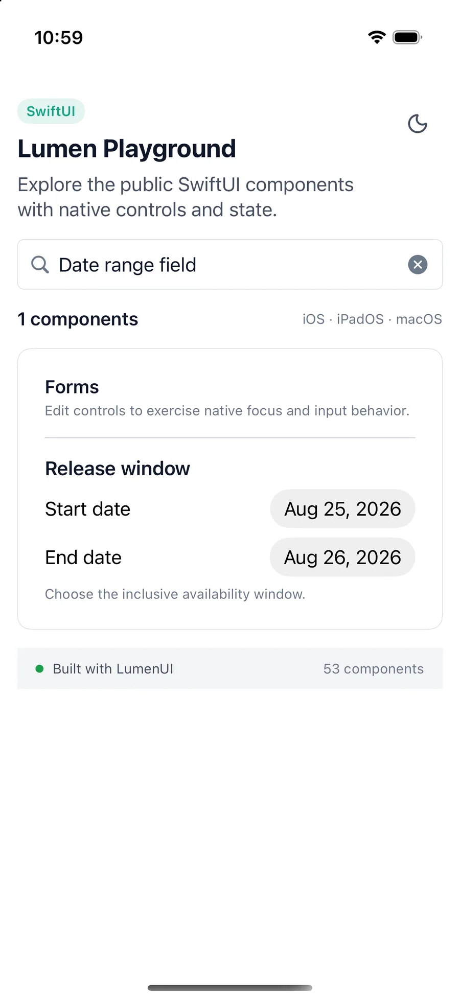 Date range field rendered in the iPhone simulator Lumen playground
