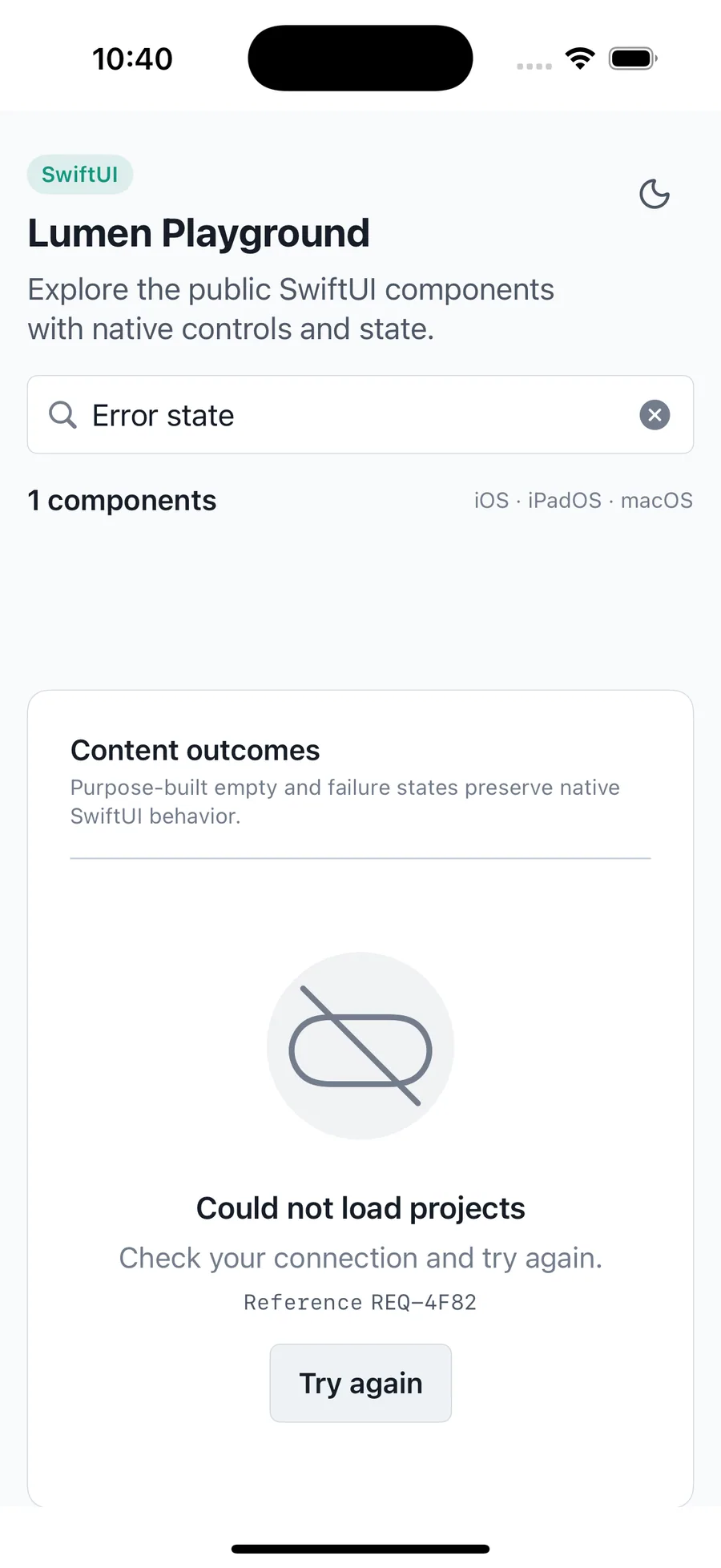 Error state rendered in the iPhone simulator Lumen playground
