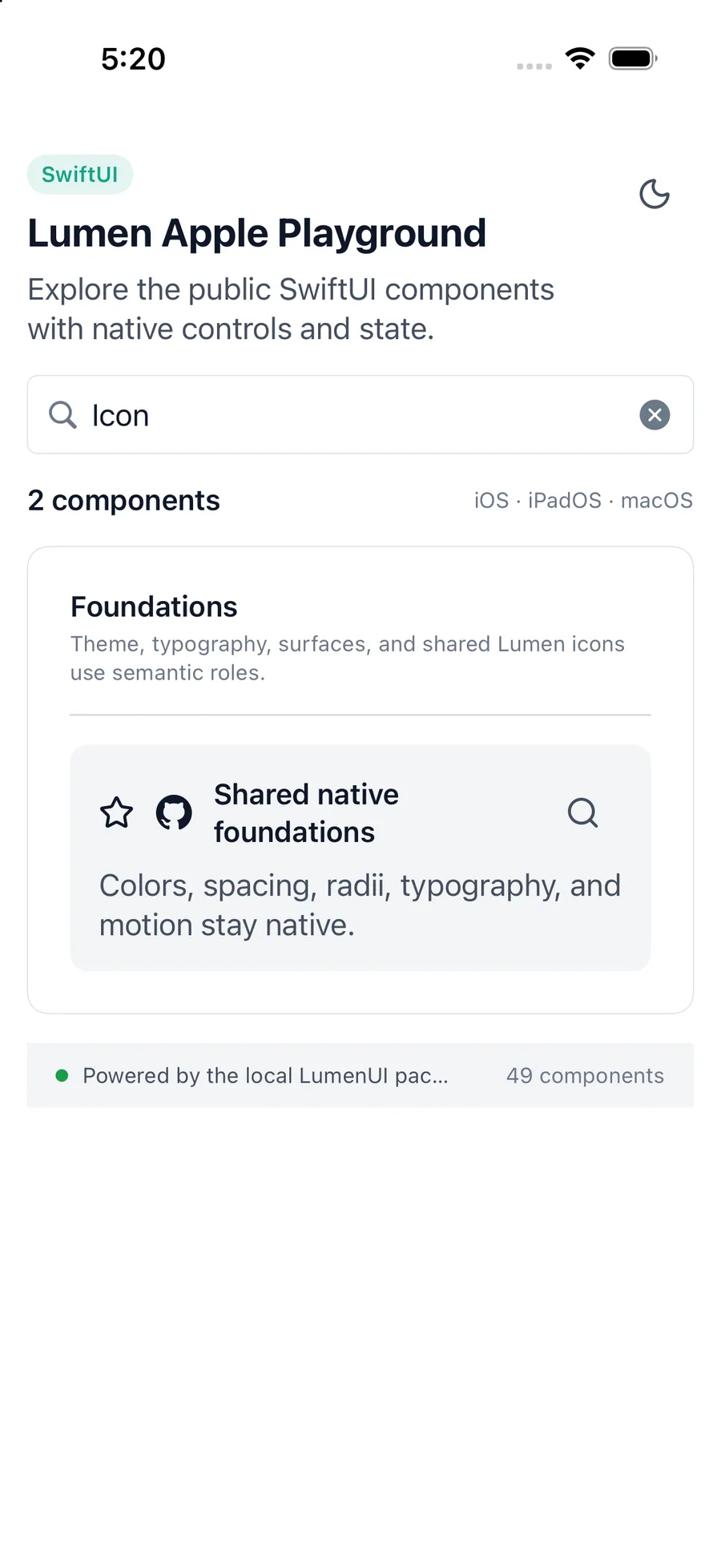 Icon rendered in the iPhone simulator Lumen playground