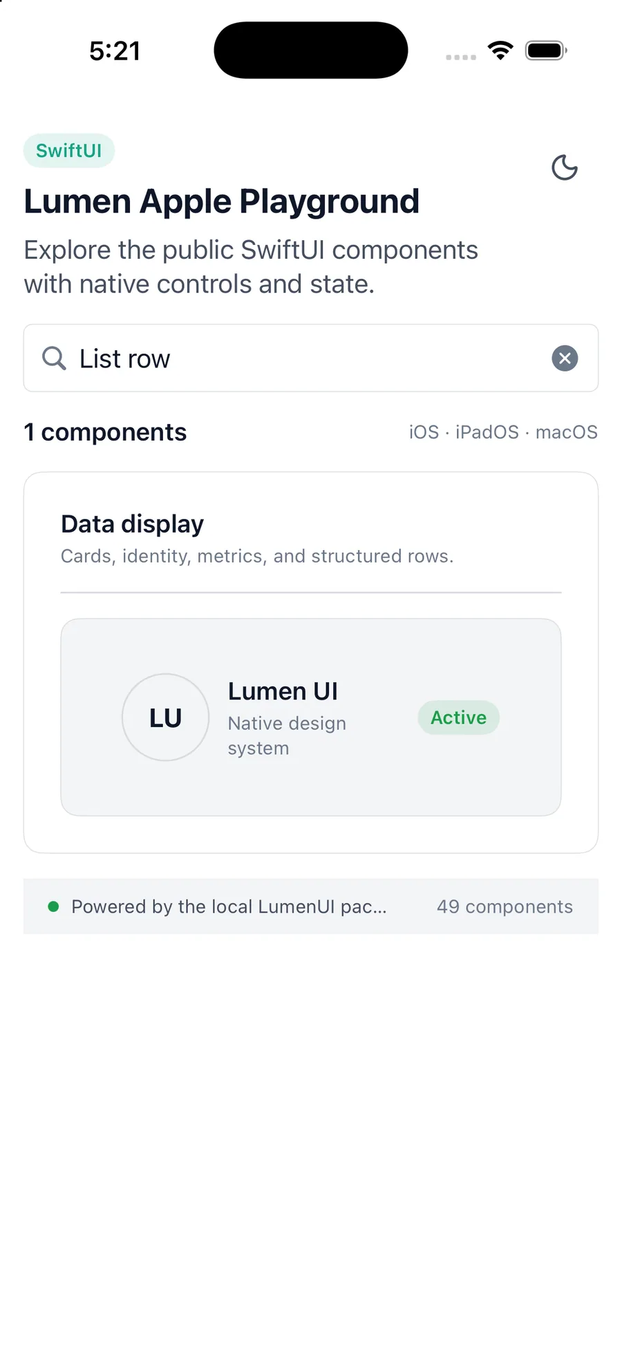 List row rendered in the iPhone simulator Lumen playground