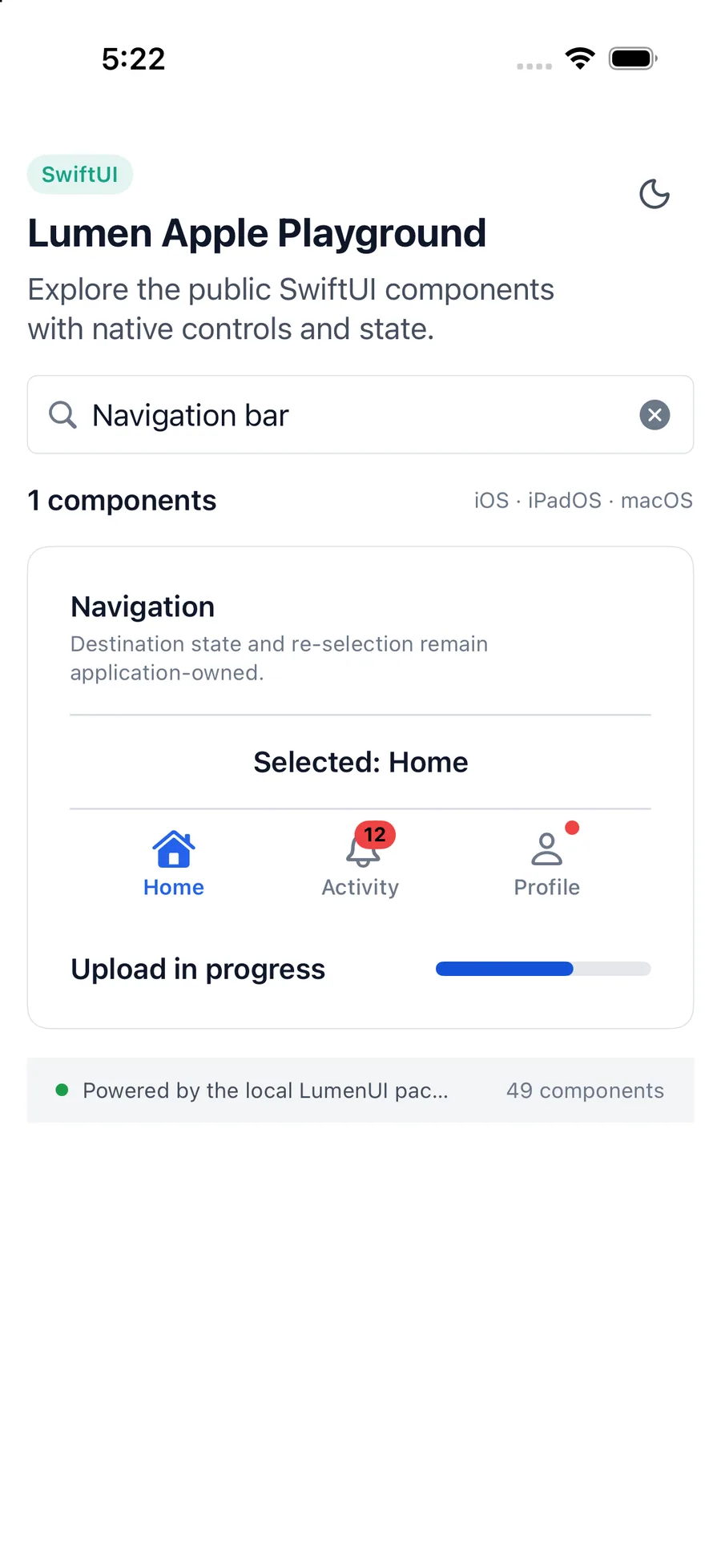 Navigation bar rendered in the iPhone simulator Lumen playground