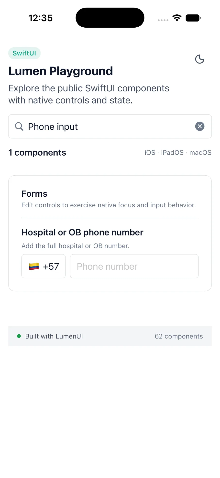 Phone input rendered in the iPhone simulator Lumen playground