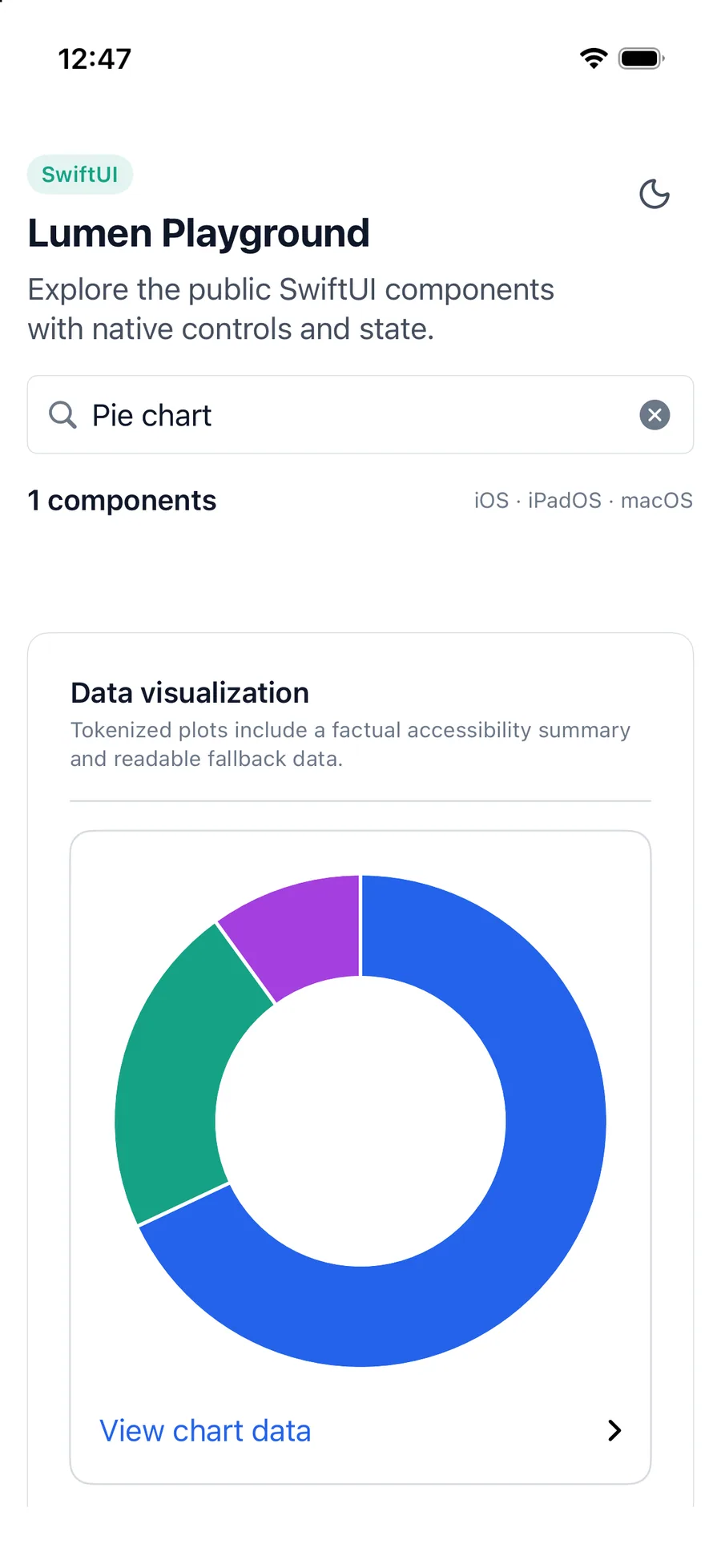 Pie chart rendered in the iPhone simulator Lumen playground