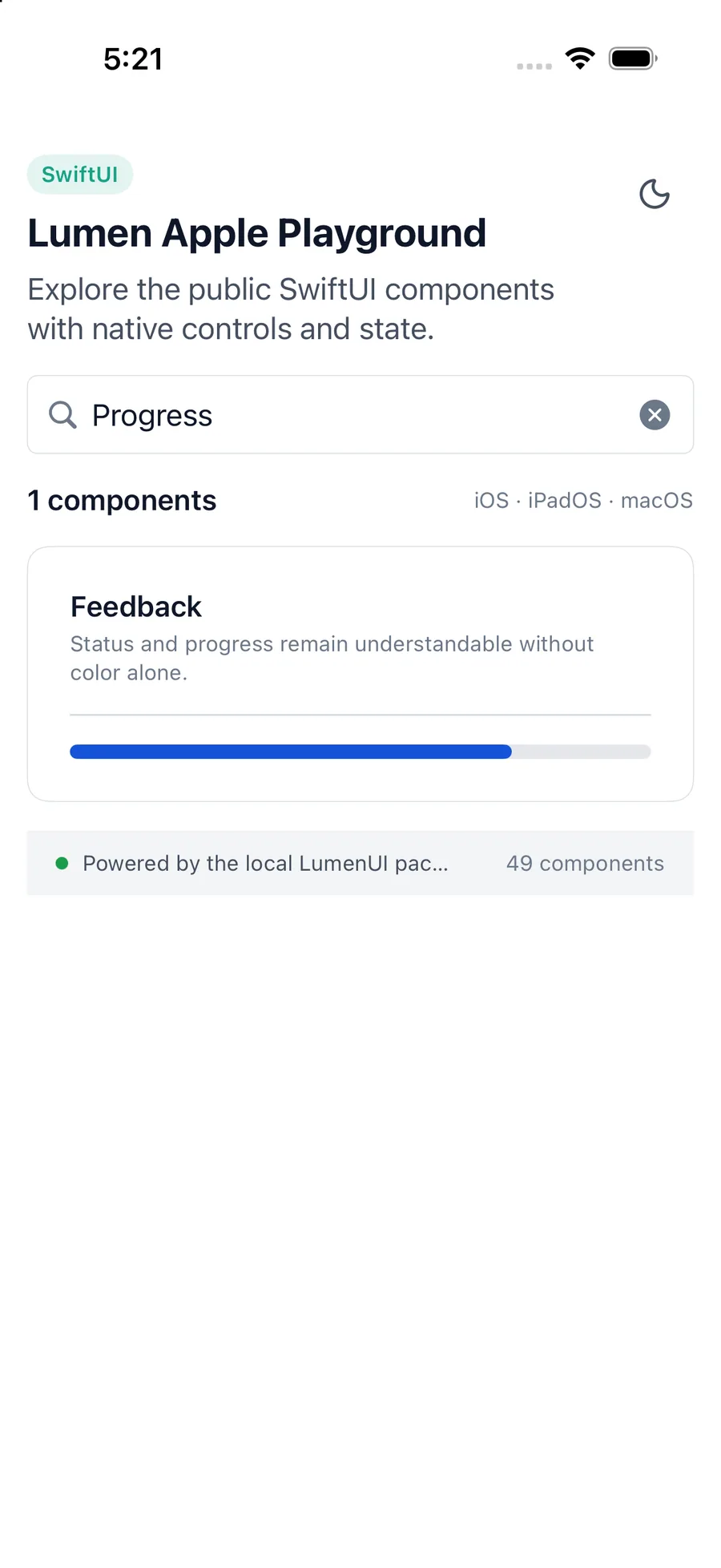 Progress rendered in the iPhone simulator Lumen playground