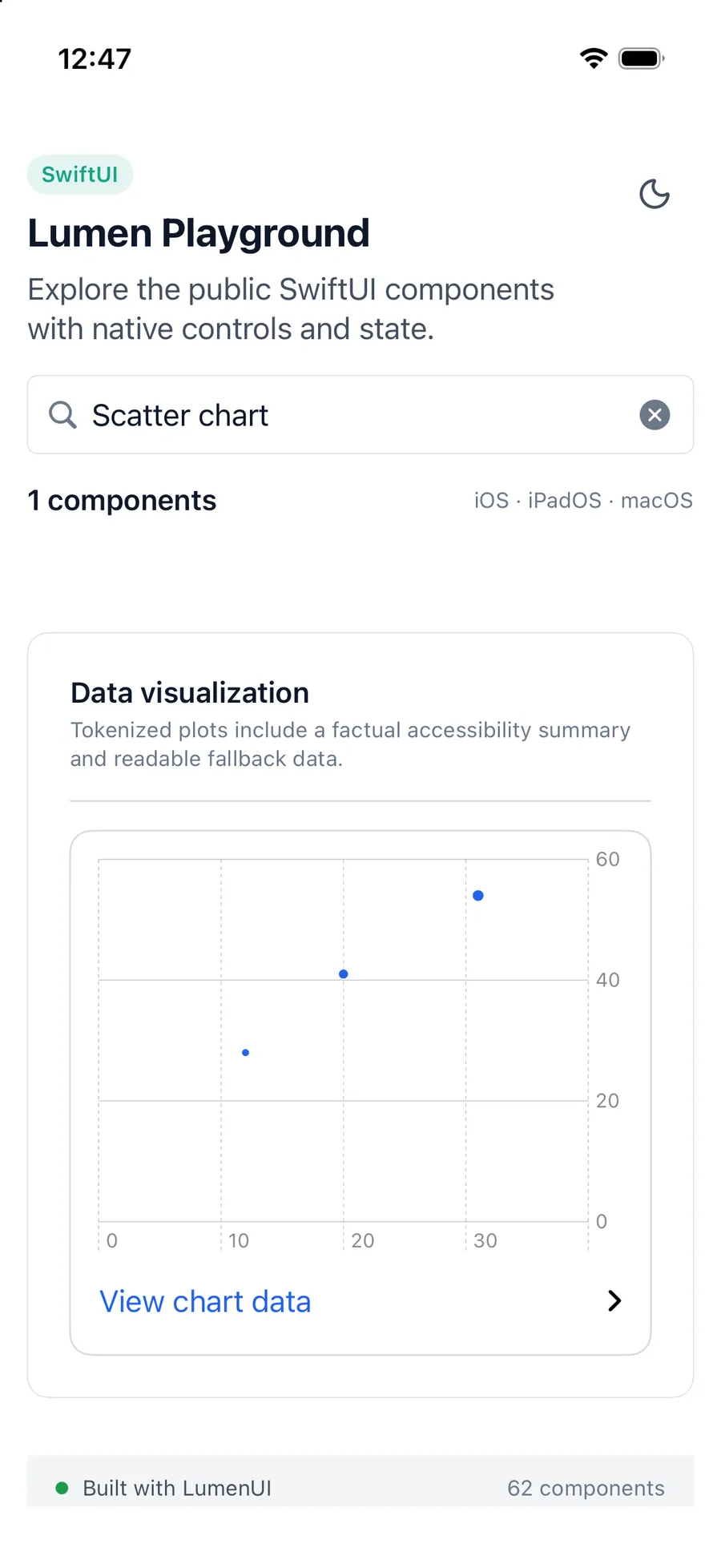 Scatter chart rendered in the iPhone simulator Lumen playground
