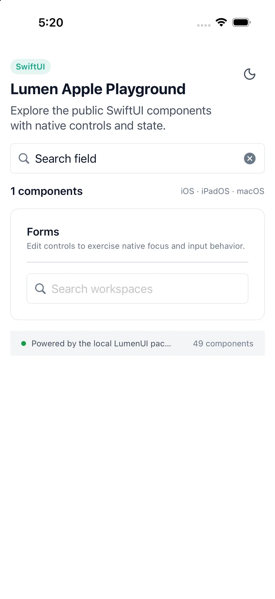 Search field rendered in the iPhone simulator Lumen playground