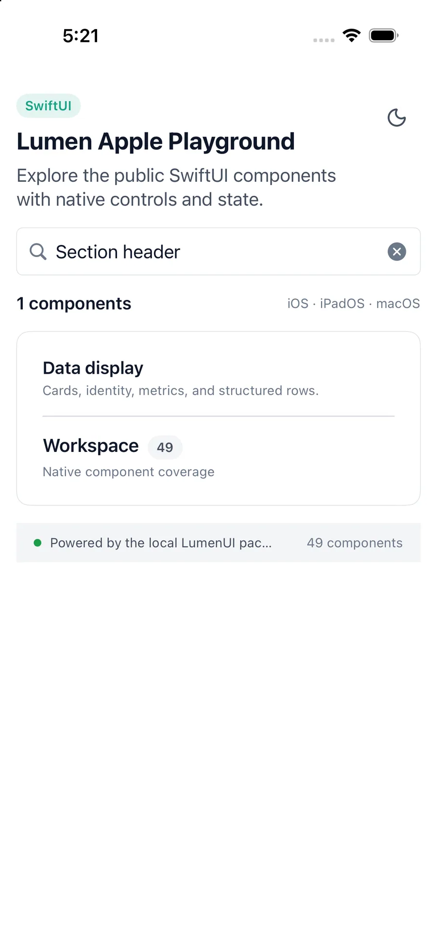 Section header rendered in the iPhone simulator Lumen playground