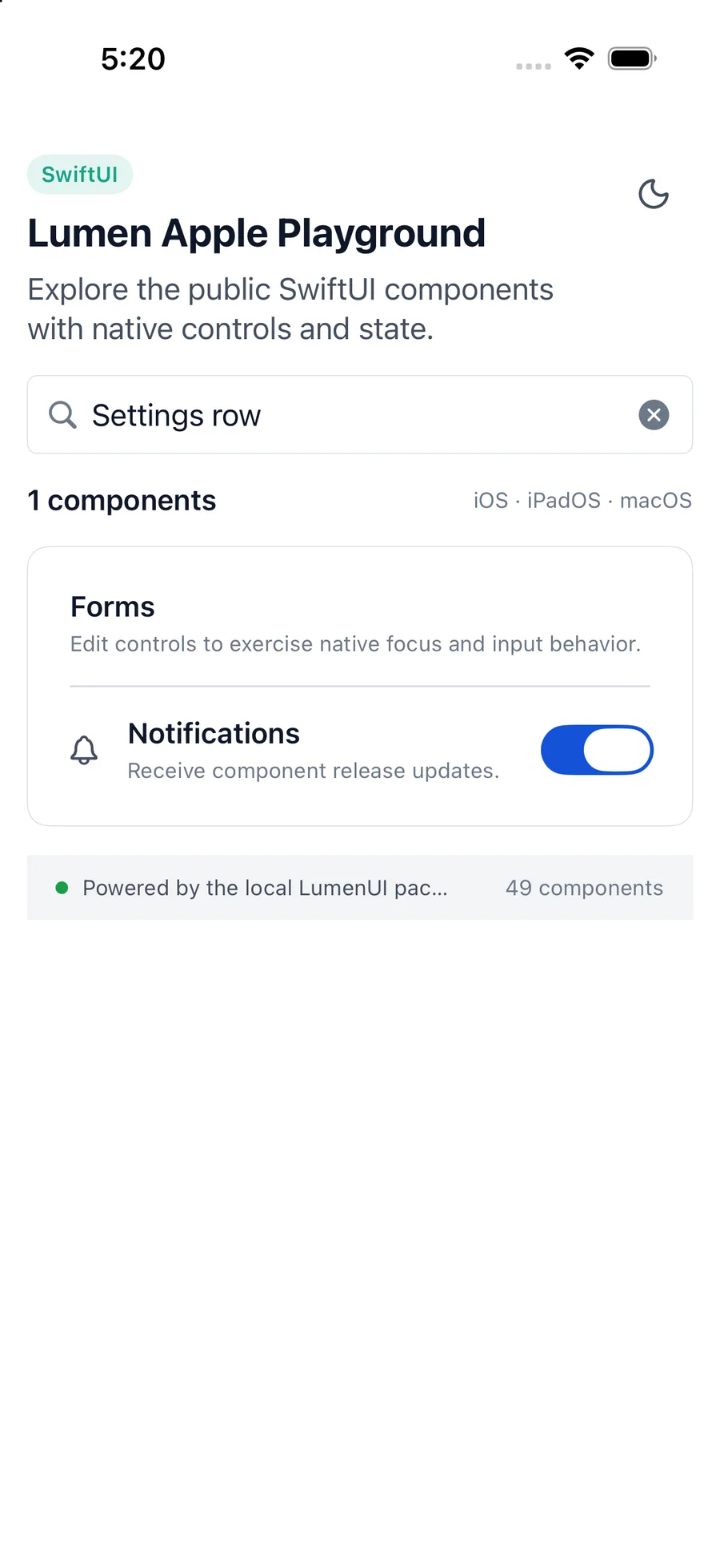 Settings row rendered in the iPhone simulator Lumen playground