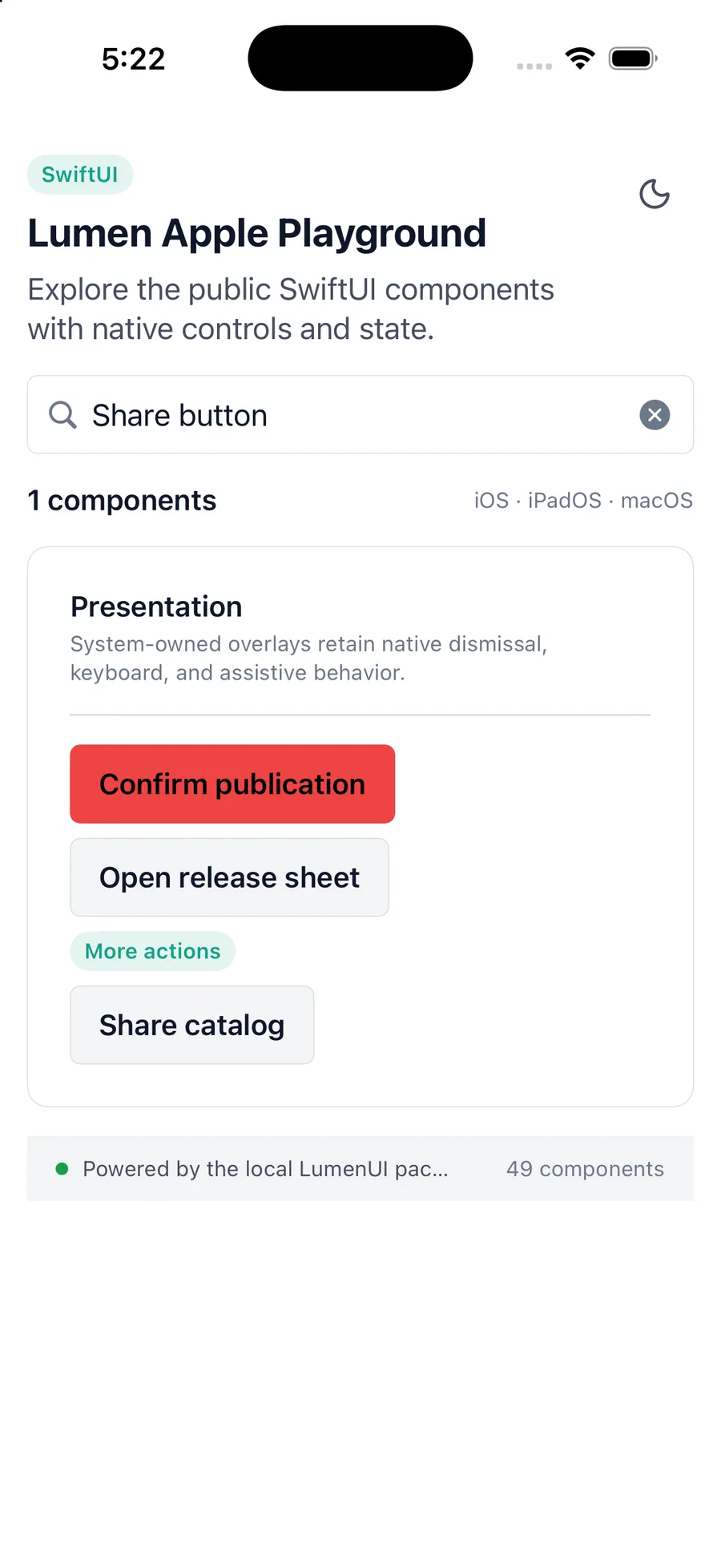 Share button rendered in the iPhone simulator Lumen playground