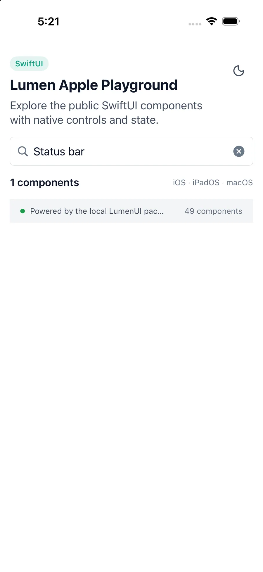 Status bar rendered in the iPhone simulator Lumen playground