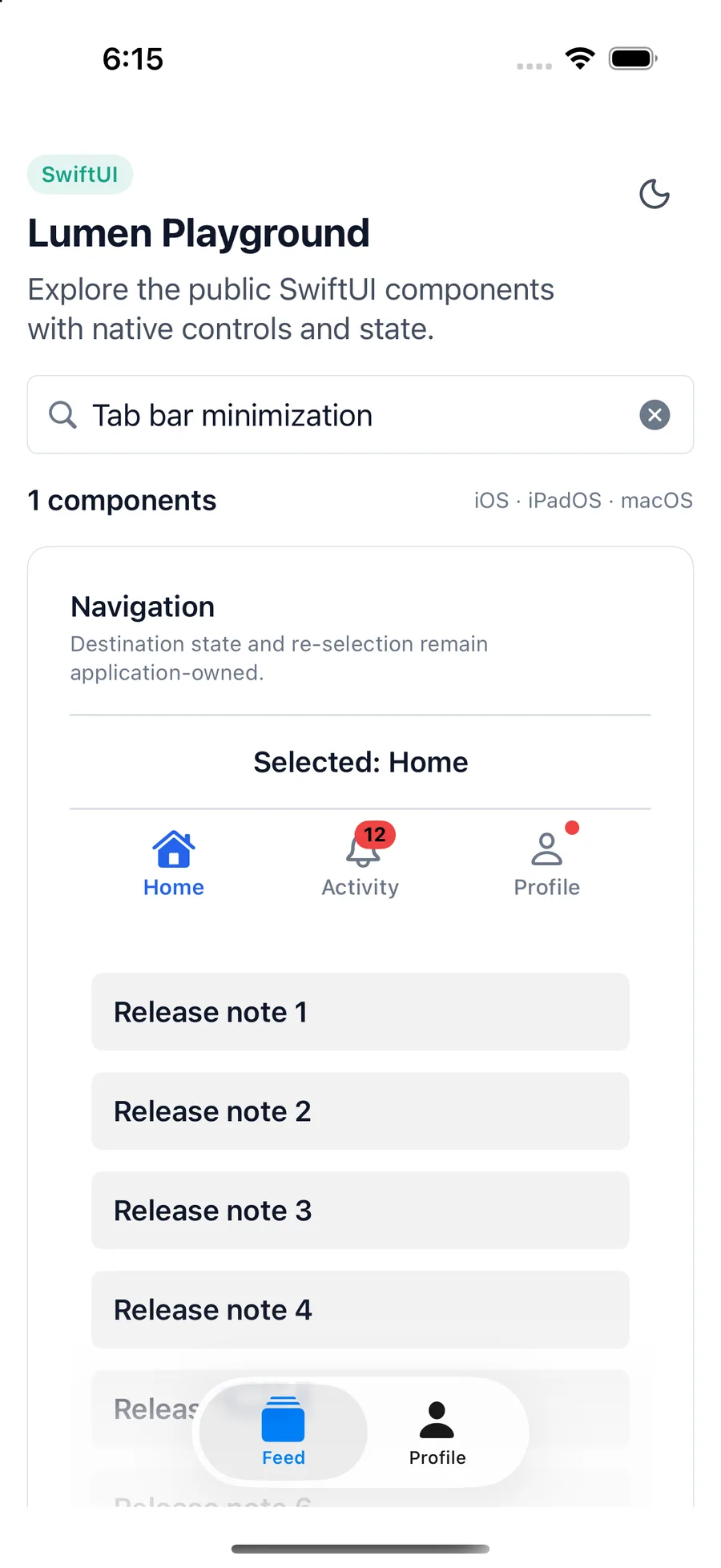 Tab bar minimization rendered in the iPhone simulator Lumen playground