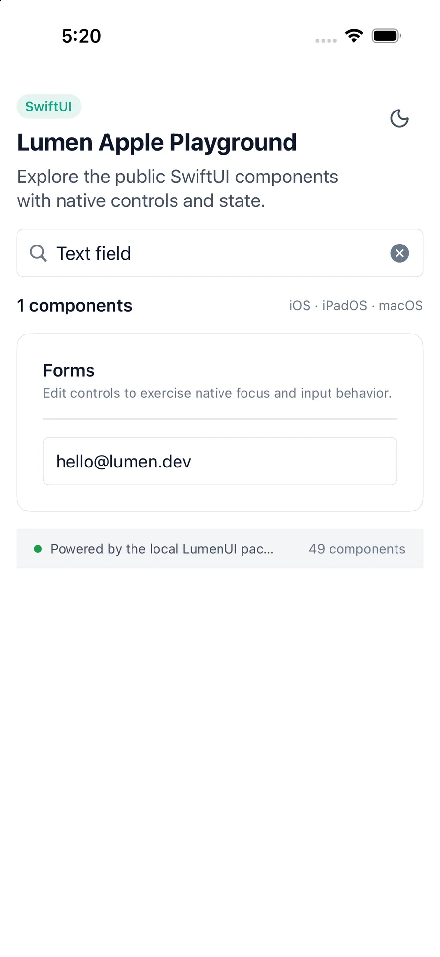Text field rendered in the iPhone simulator Lumen playground
