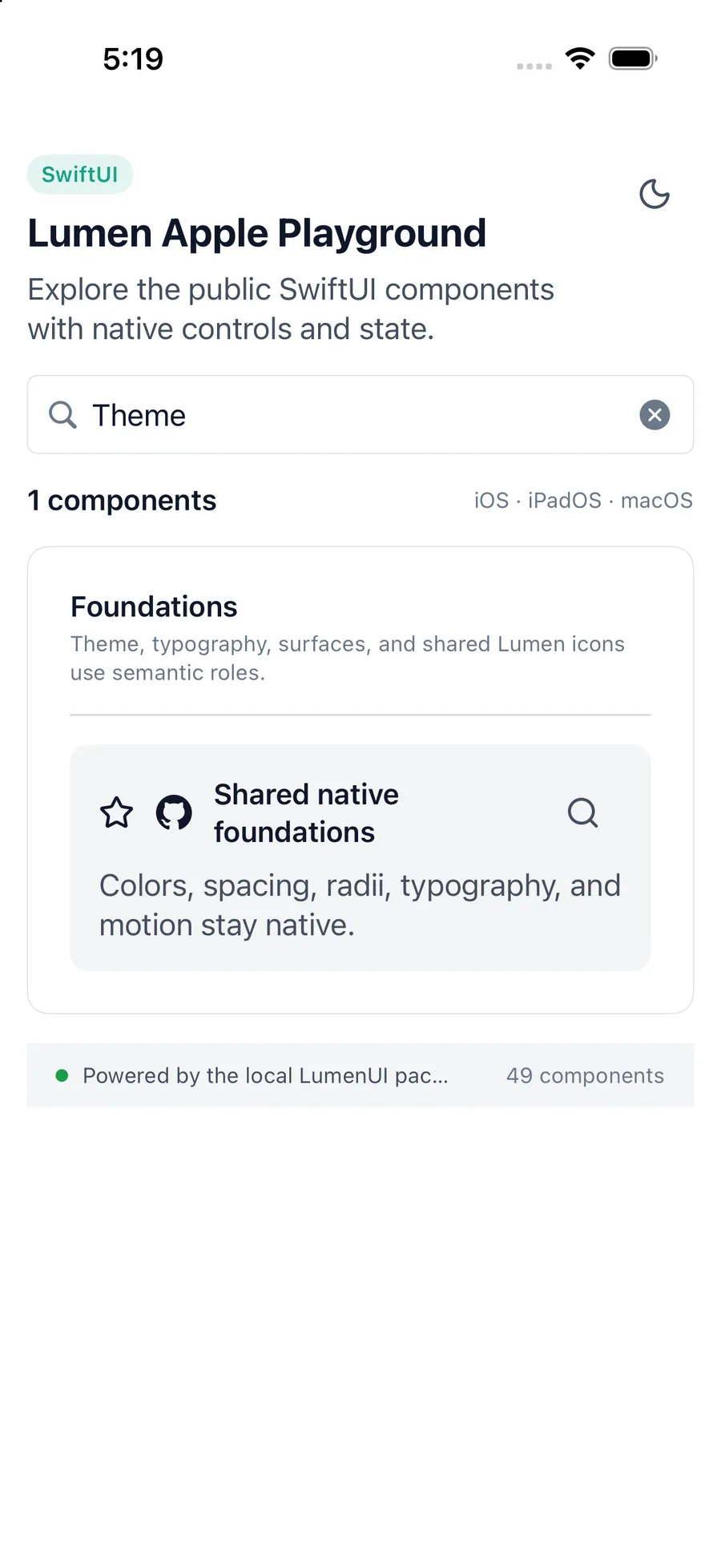 Theme rendered in the iPhone simulator Lumen playground