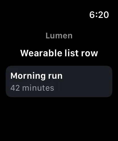 Wearable list row rendered in the watchOS simulator Lumen playground