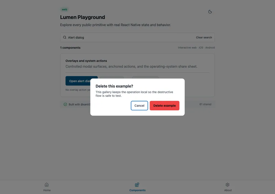 Alert dialog rendered in the Expo web renderer Lumen playground