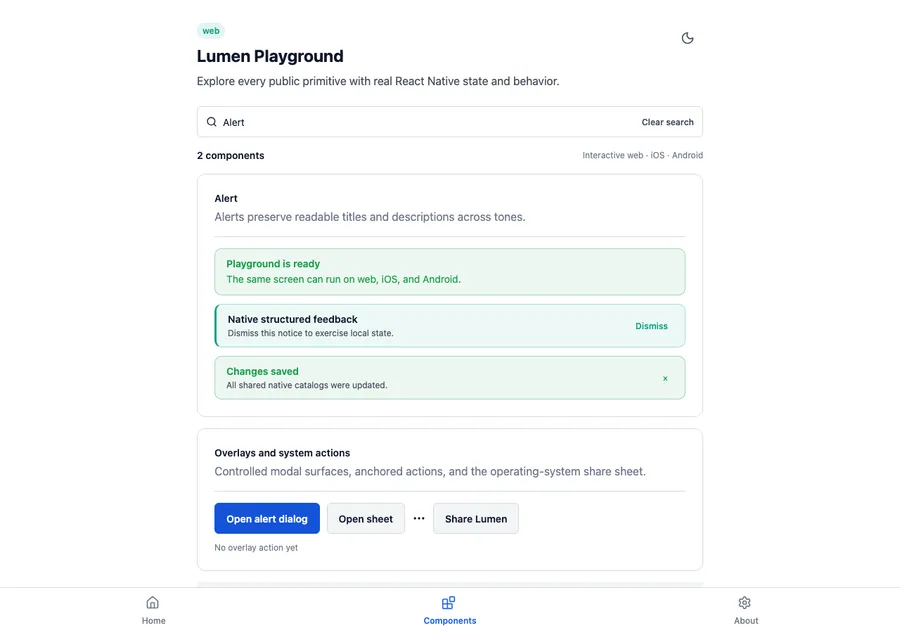 Alert rendered in the Expo web renderer Lumen playground